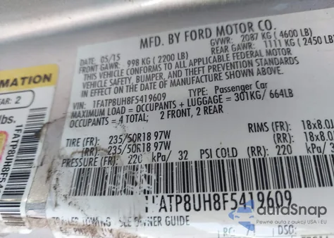 2015 Ford Mustang Ecoboost Premium z USA, uszkodzony, nr VIN 1FATP8UH8F5419609